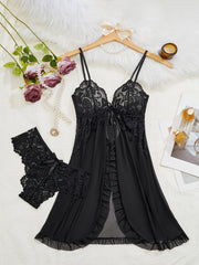Women's Sleepwear Set with Front Split Suspender Skirt and Lace Deep V Ruffle Details