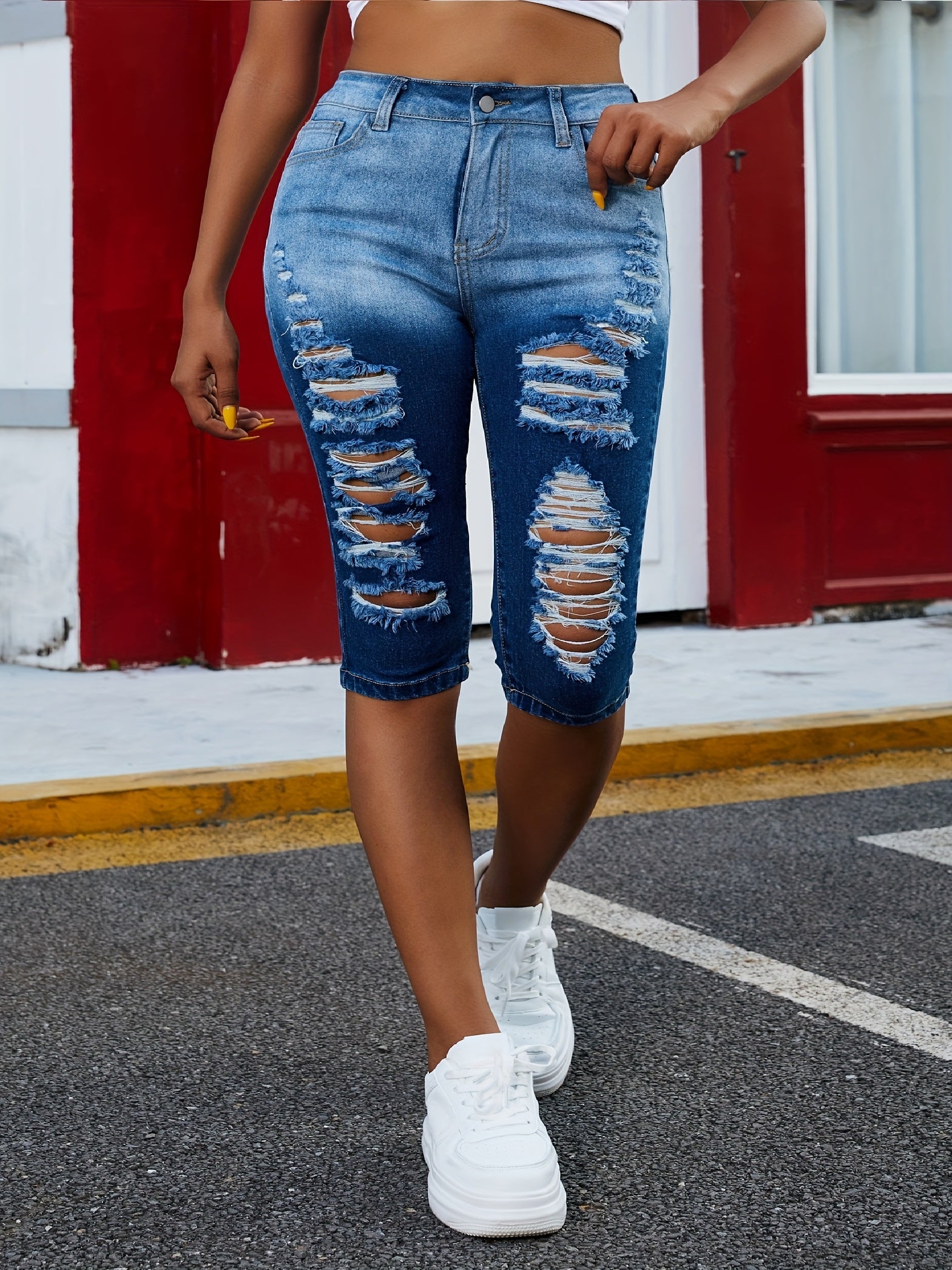 Women's Plus Size High-Waisted Ripped Denim Shorts Stretchy All-Season Street Style