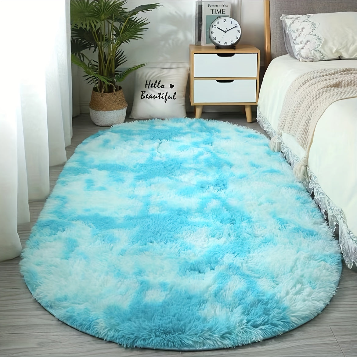 Soft Polyester Plush Oval Area Rug for Bedroom and Living Room Hand Washable