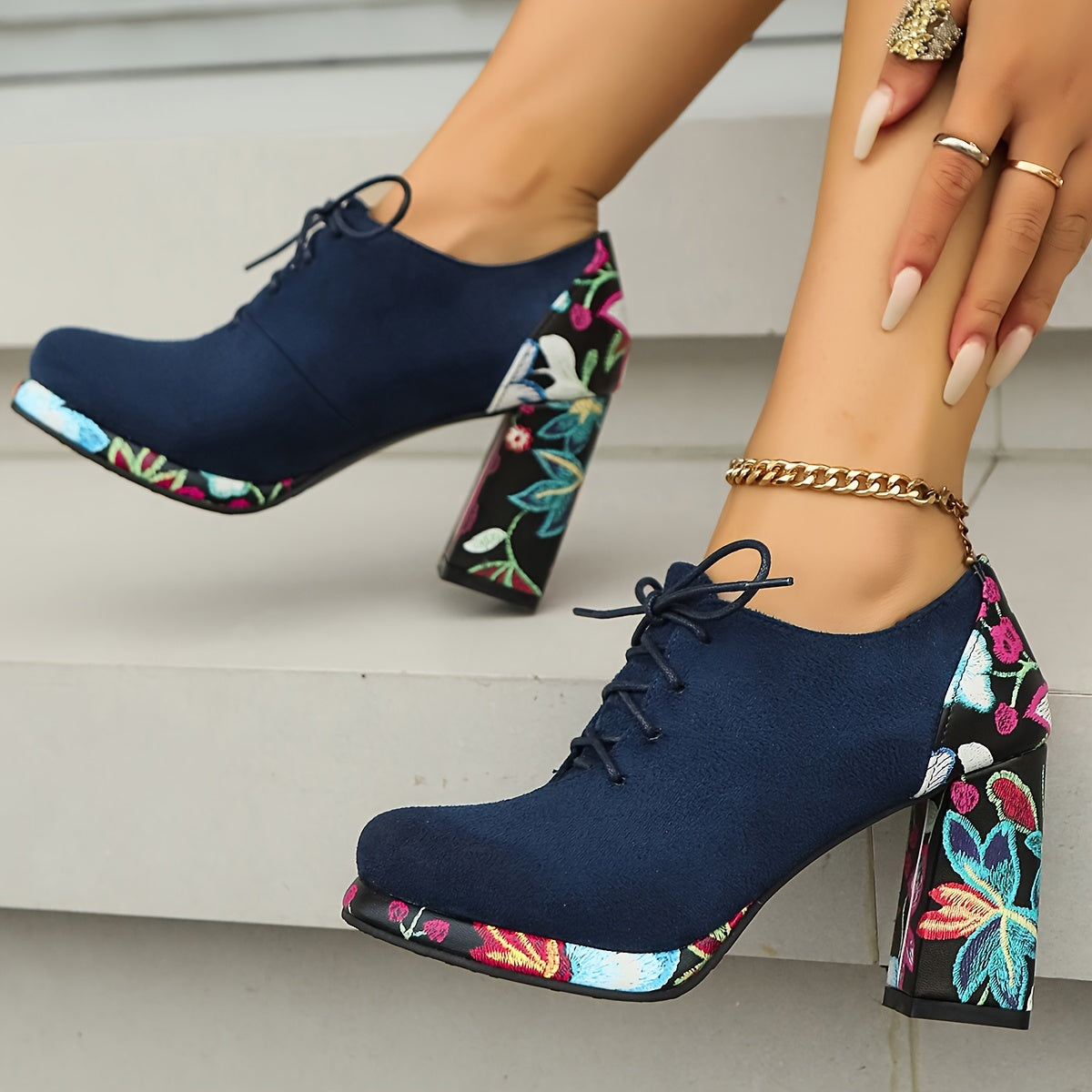 Women's Ankle Boots Fabric Platform Lace-Up Chunky Heel Black Floral Navy Red