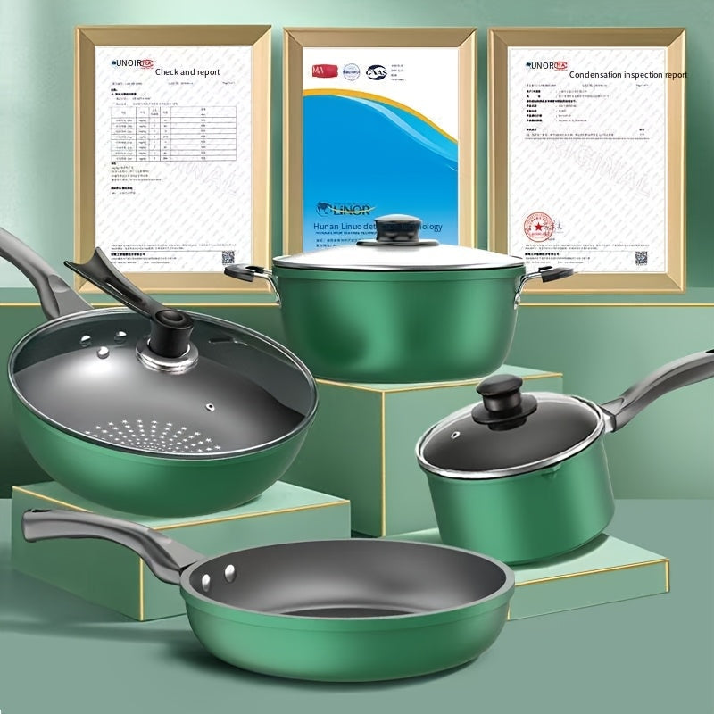 Set of Four Cast Iron Cookware Pots and Pans with Non-Stick Finish for Gas and Induction Stoves