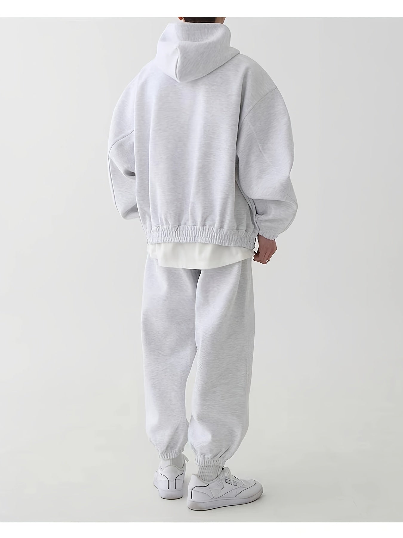Men's Polyester Knit Hooded Sweatshirt and Pants Set Solid Color Loose Fit All-Season Loungewear