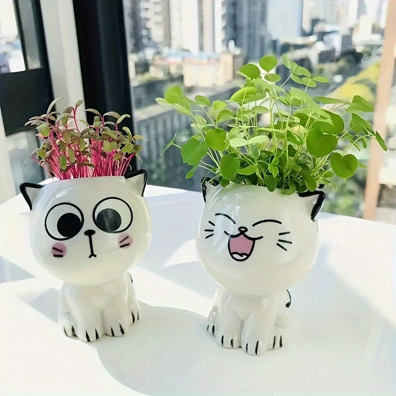 Mini Cartoon Cat Ceramic Flower Pot for Desktop Indoor Outdoor Decor
