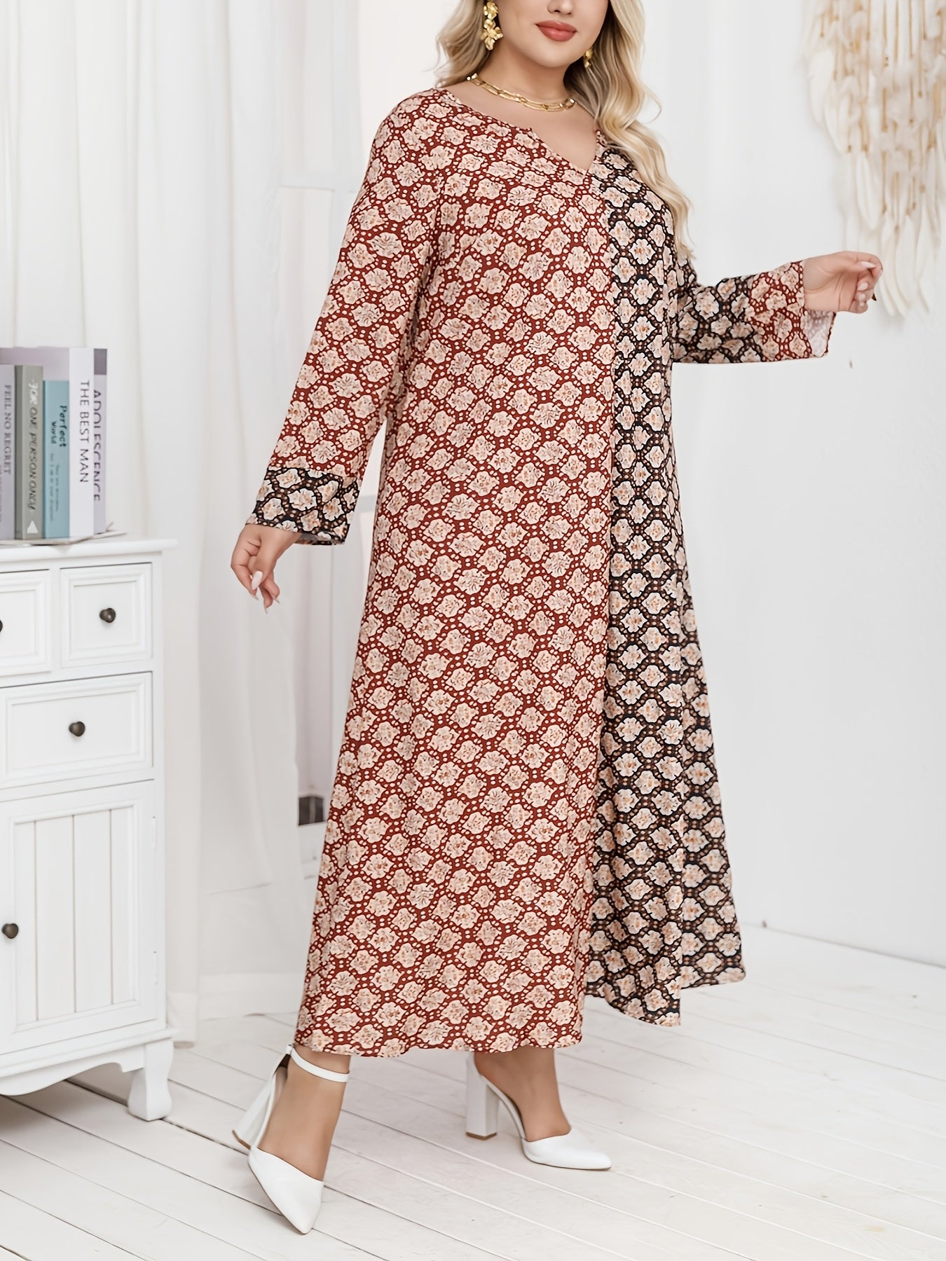 Ayollar uchun polyester V-yengli tunik kiyiq, barcha mavsumlar uchun erkin fit, bosma