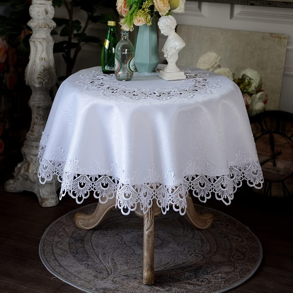 White Polyester Round Tablecloth 32 Inch Diameter Floral Design for Holiday Decor