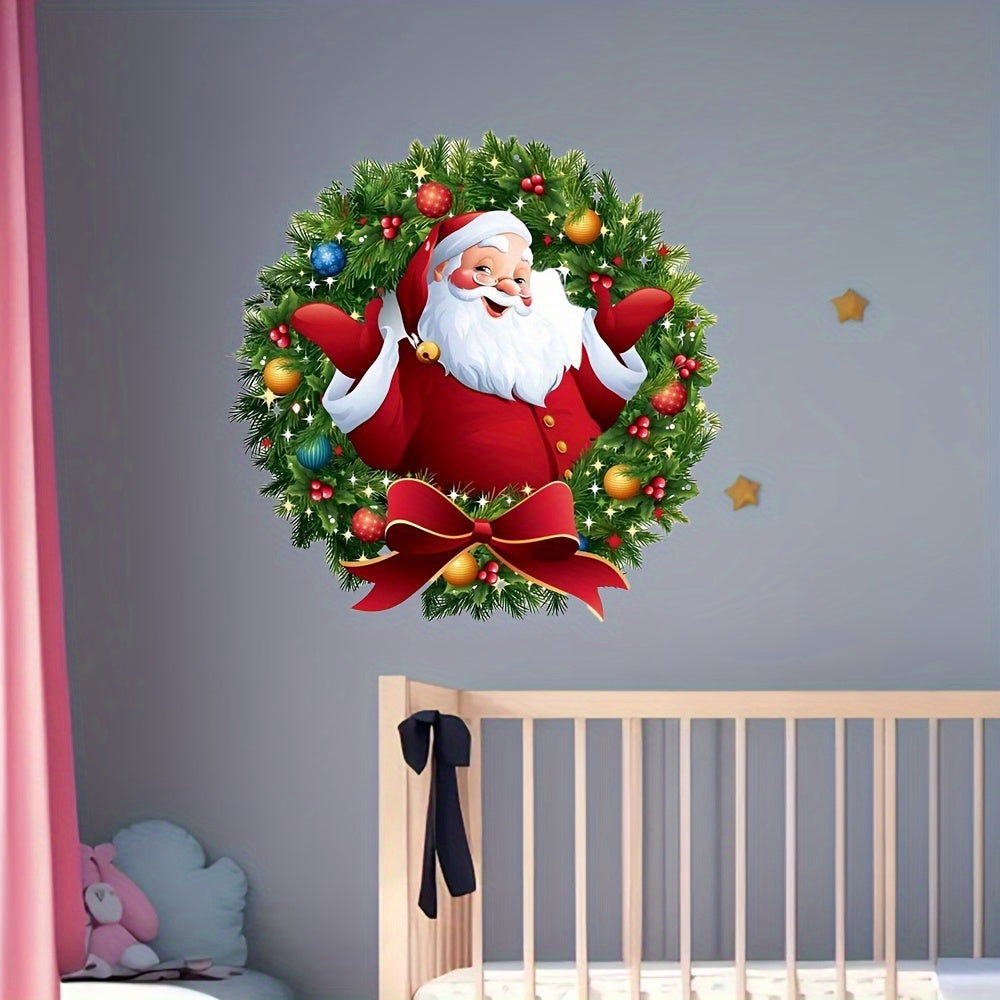 Modern Santa Claus Wreath Window Stickers Reusable PVC Holiday Decor