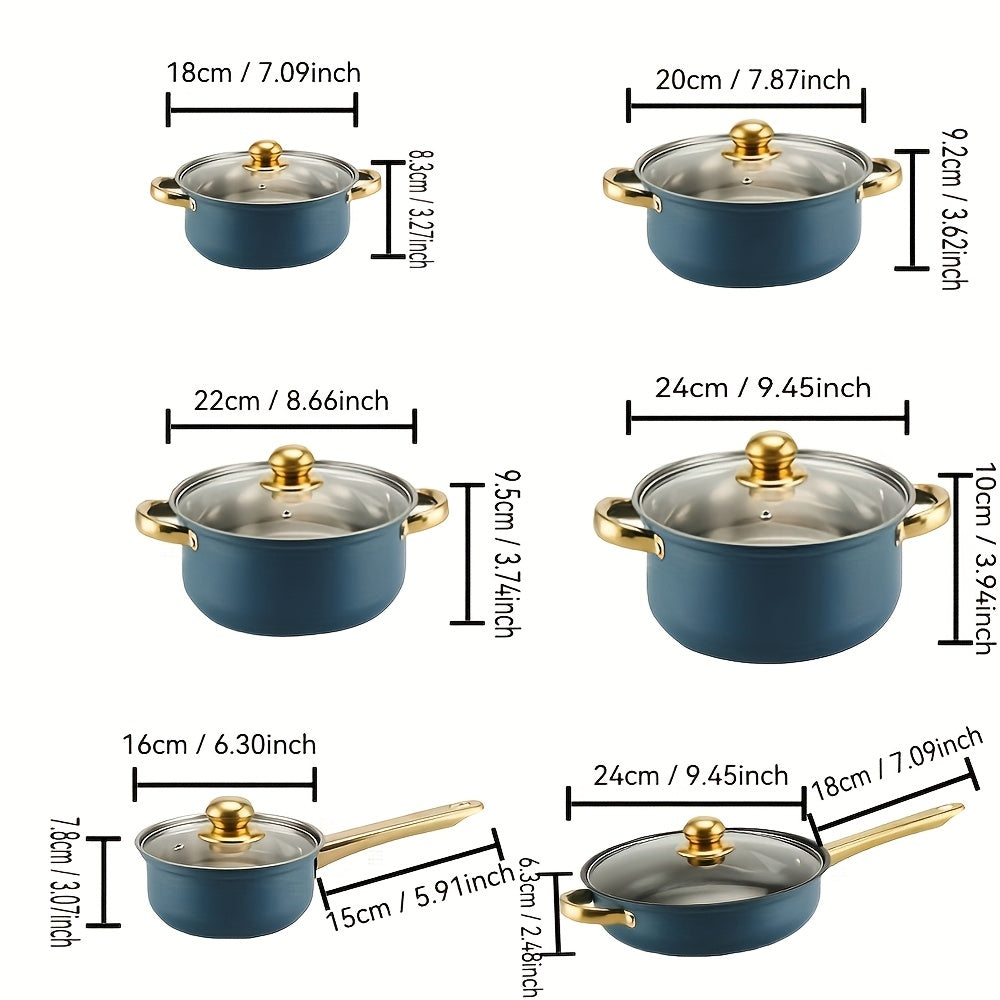 6-Piece Stainless Steel Cookware Set with Blue Lids, Soup Pans, Frying Pans