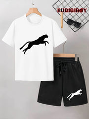 Мужской повседневный комплект из футболки с леопардовым принтом и шортов, светло-серый, черный, белый, полиэстер, лето