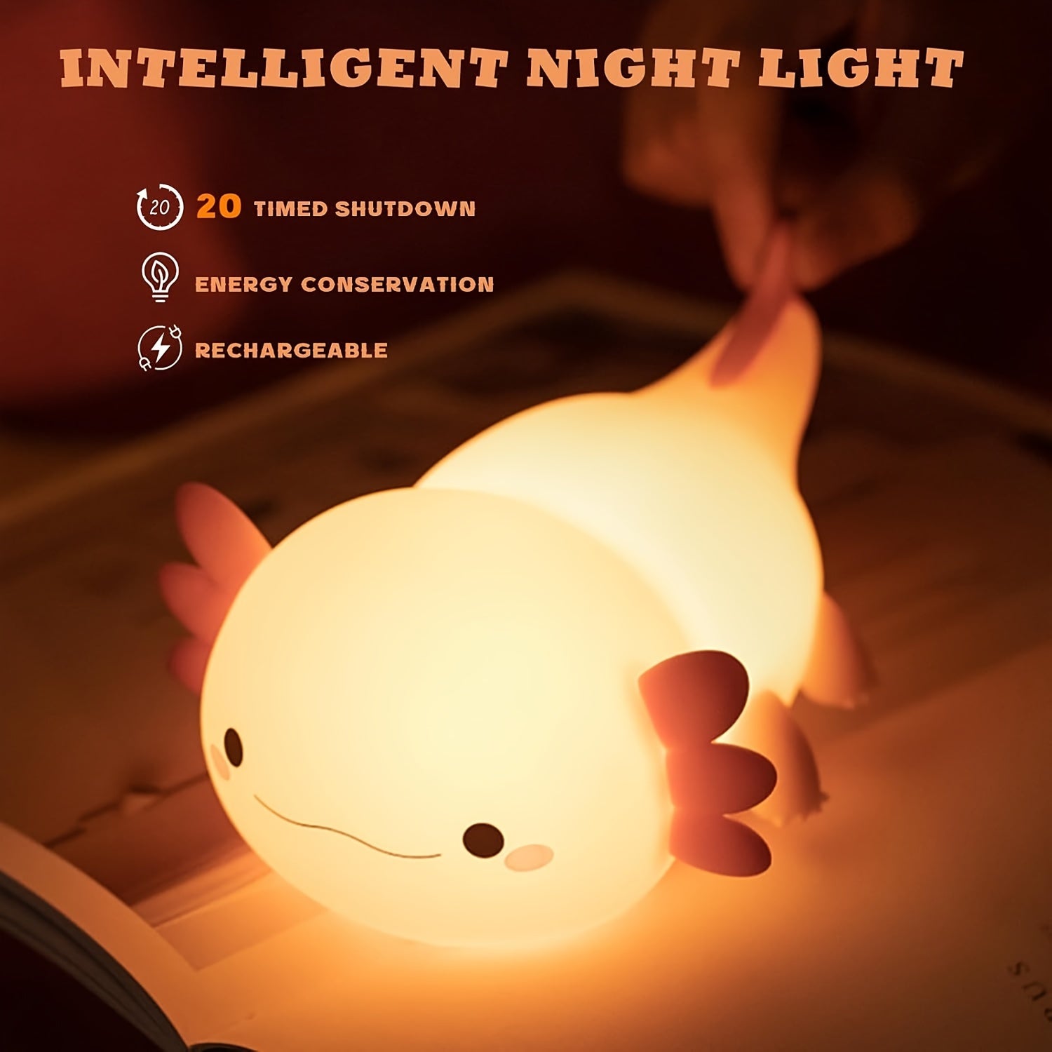 Axolotl kechasi chirog'i: Qiziqarli salamandra lampasi, dimmable LED kechasi chirog'i, timer bilan, USB orqali zaryadlanadigan. Sovg'alar va bezaklar uchun mukammal.