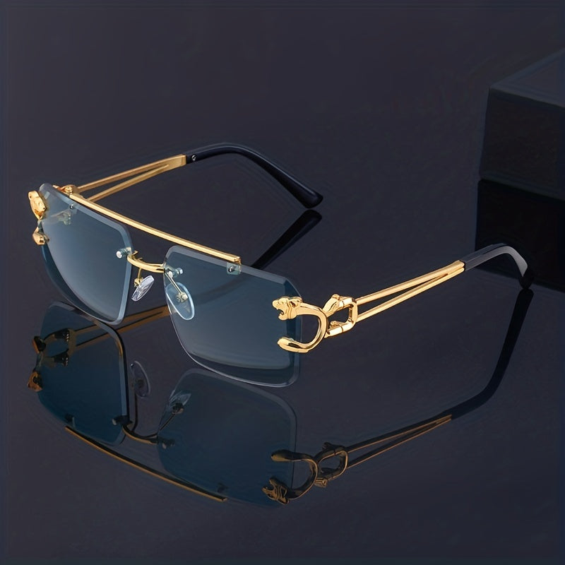 Unisex Rimless Double Bridge Square Metal Glasses with Gold Leopard Temples
