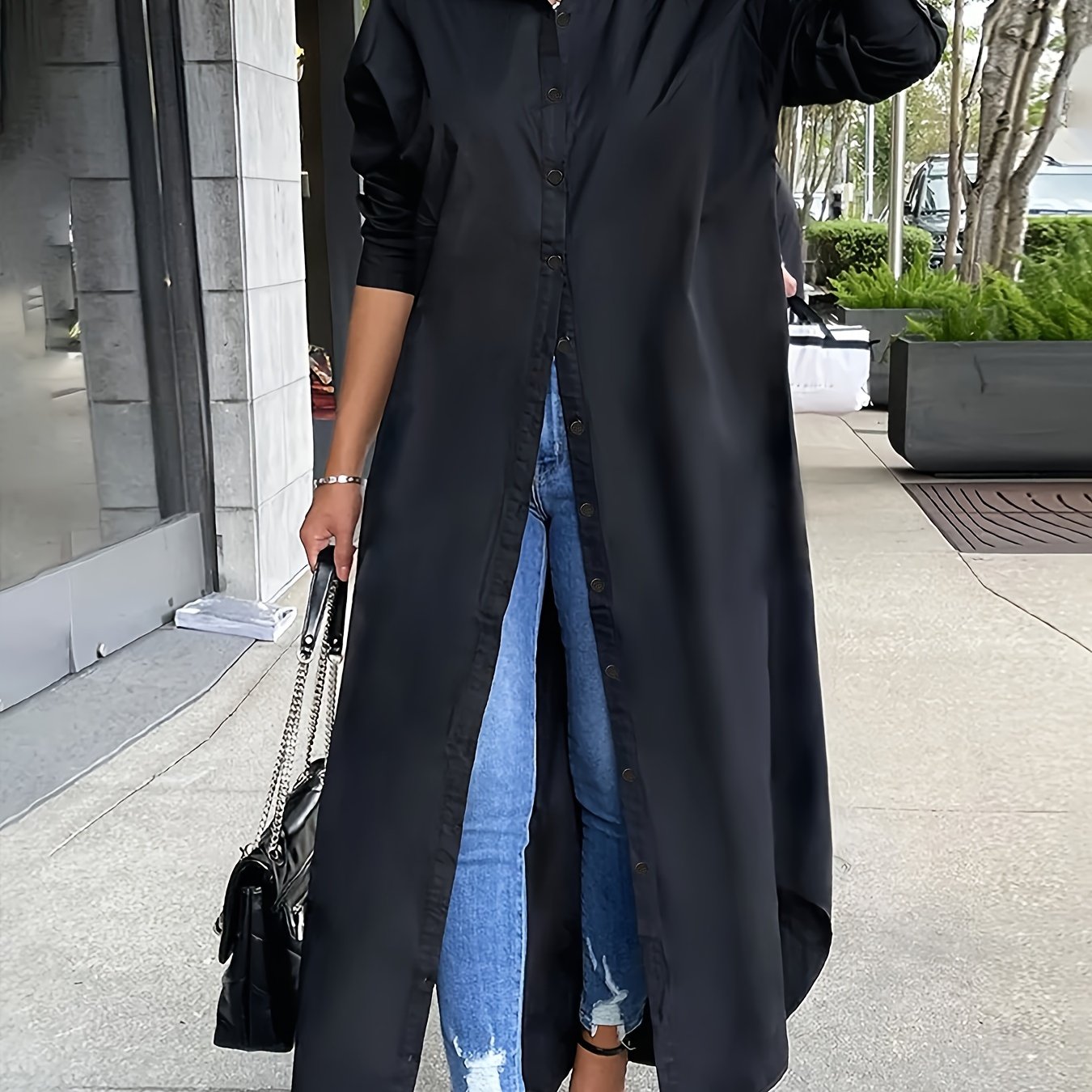 Plus Size Women's Solid Button Front Shirt Dress for Spring and Fall