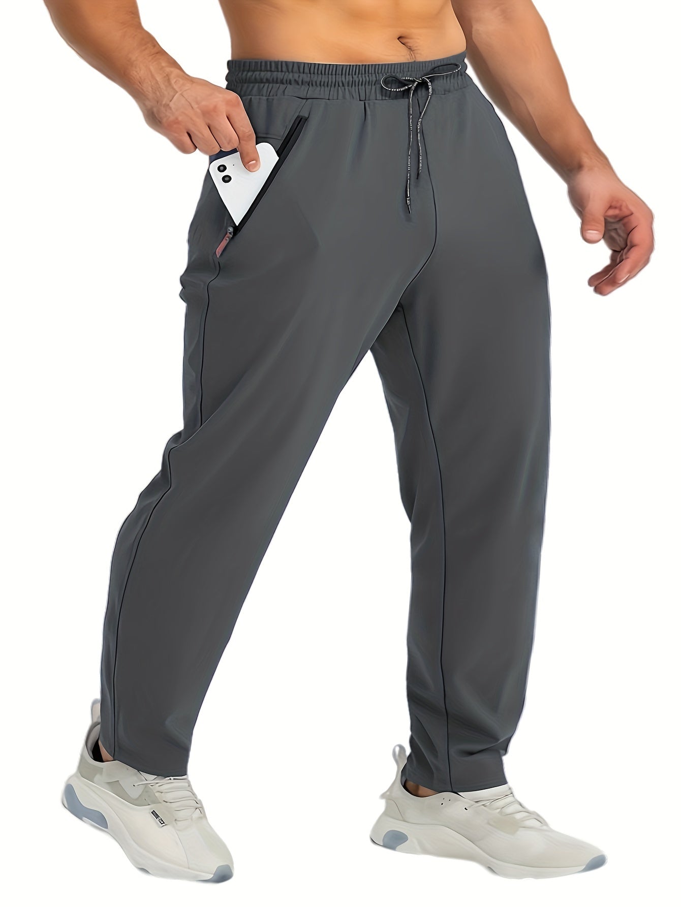 Plus Size Men's Casual Zip-Up Pants with Drawstring Waist Solid Color Polyester for Spring Summer