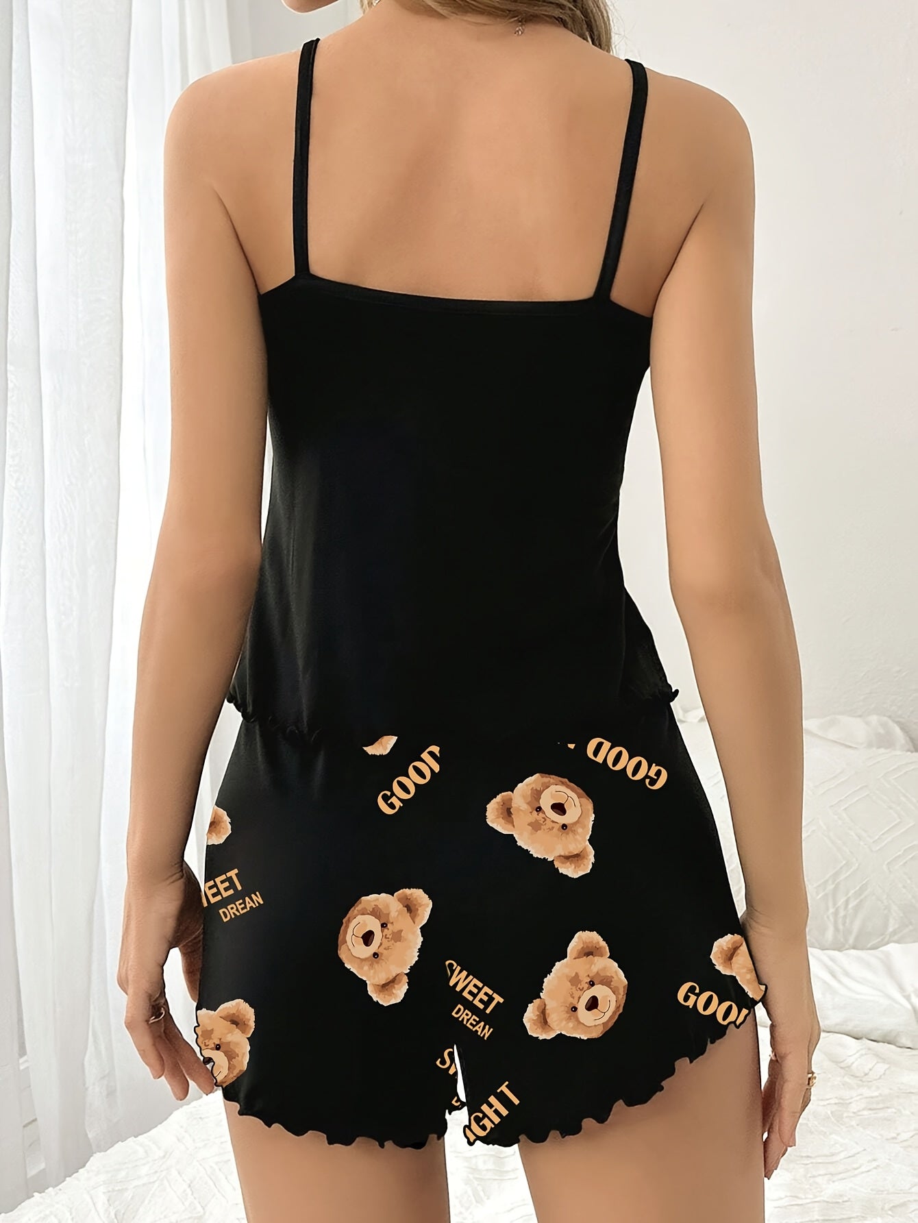 Adult Cartoon Teddy Bear Pajama Set with "Good Night" Lettering Polyester Knit All-Season