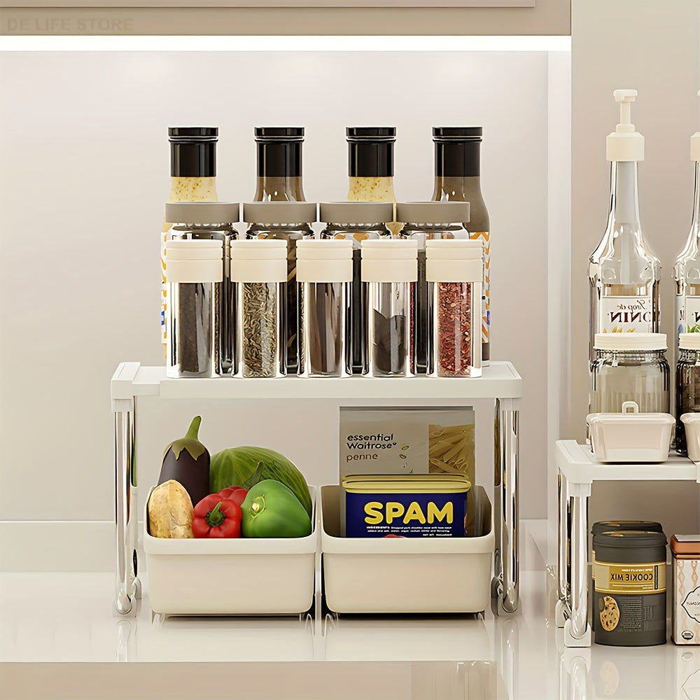 White Expandable Metal and Plastic Kitchen Shelf Stackable Pantry Organizer