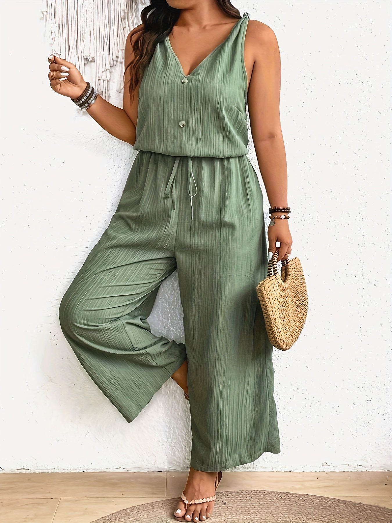 Women's Sleeveless Jumpsuit V-Neck Drawstring Waist Summer Casual