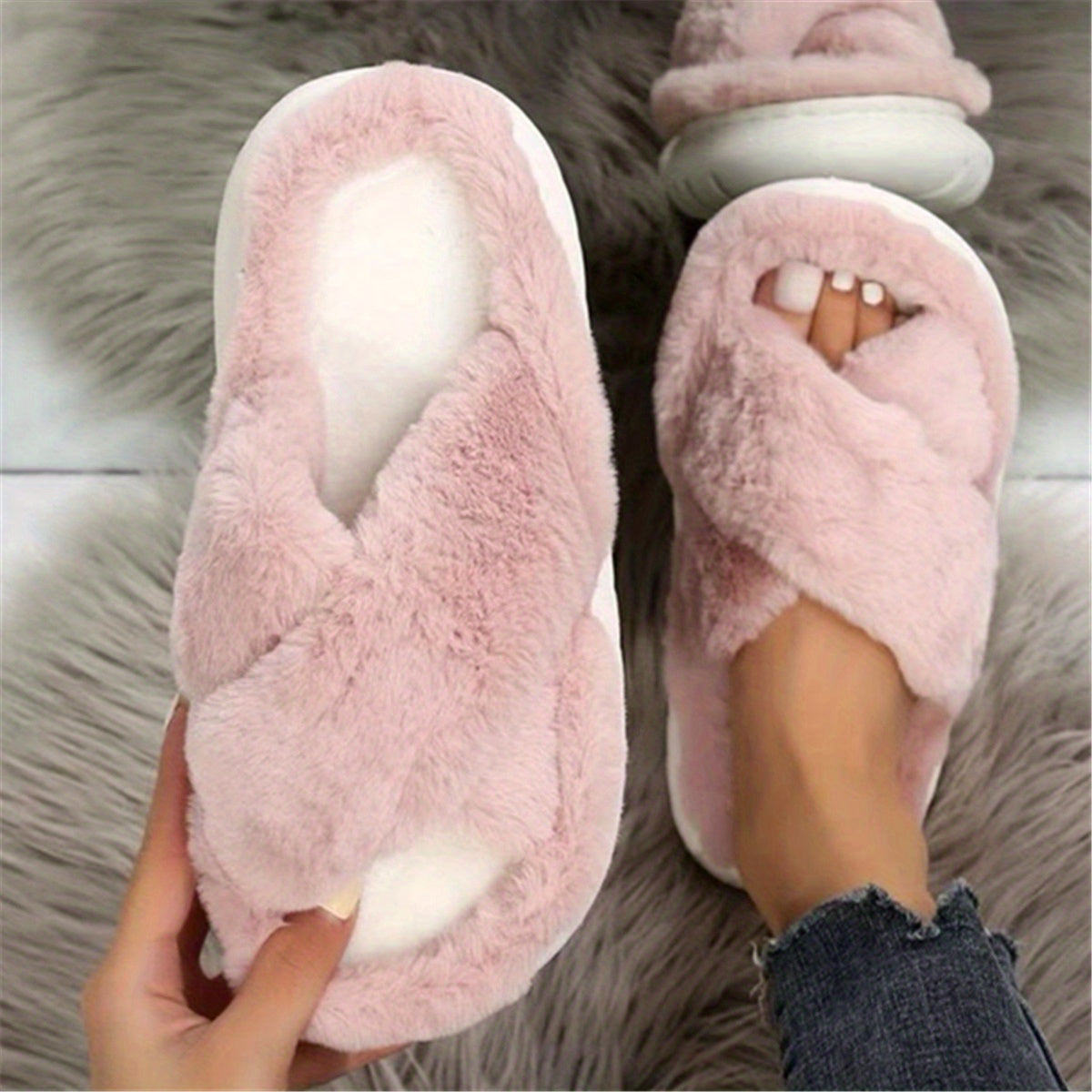 Women's Faux Fur Slippers with EVA Sole Indoor House Shoes