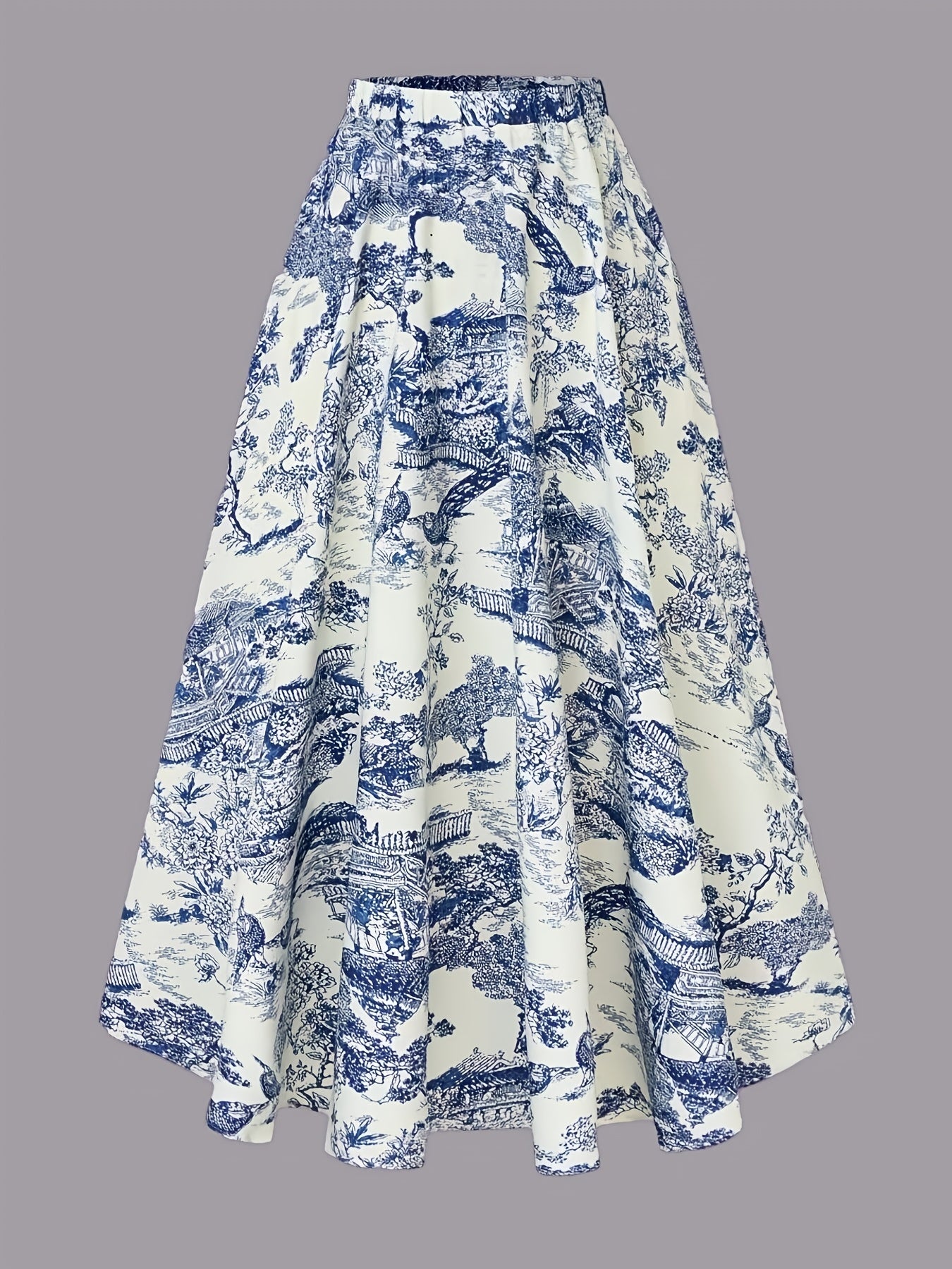 Women's Plus Size Vintage Print Maxi Skirt Blue White Floral High-Waisted Flowy Skirt