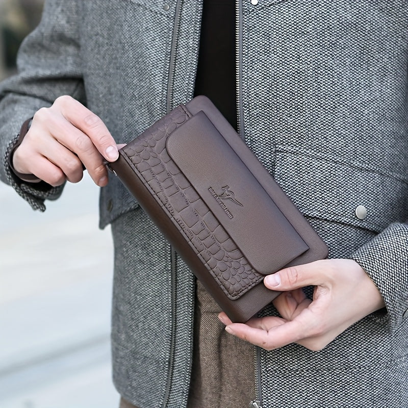 Men's Large Capacity Black Leather Wallet with Double Zipper and Wrist Strap for Office Use