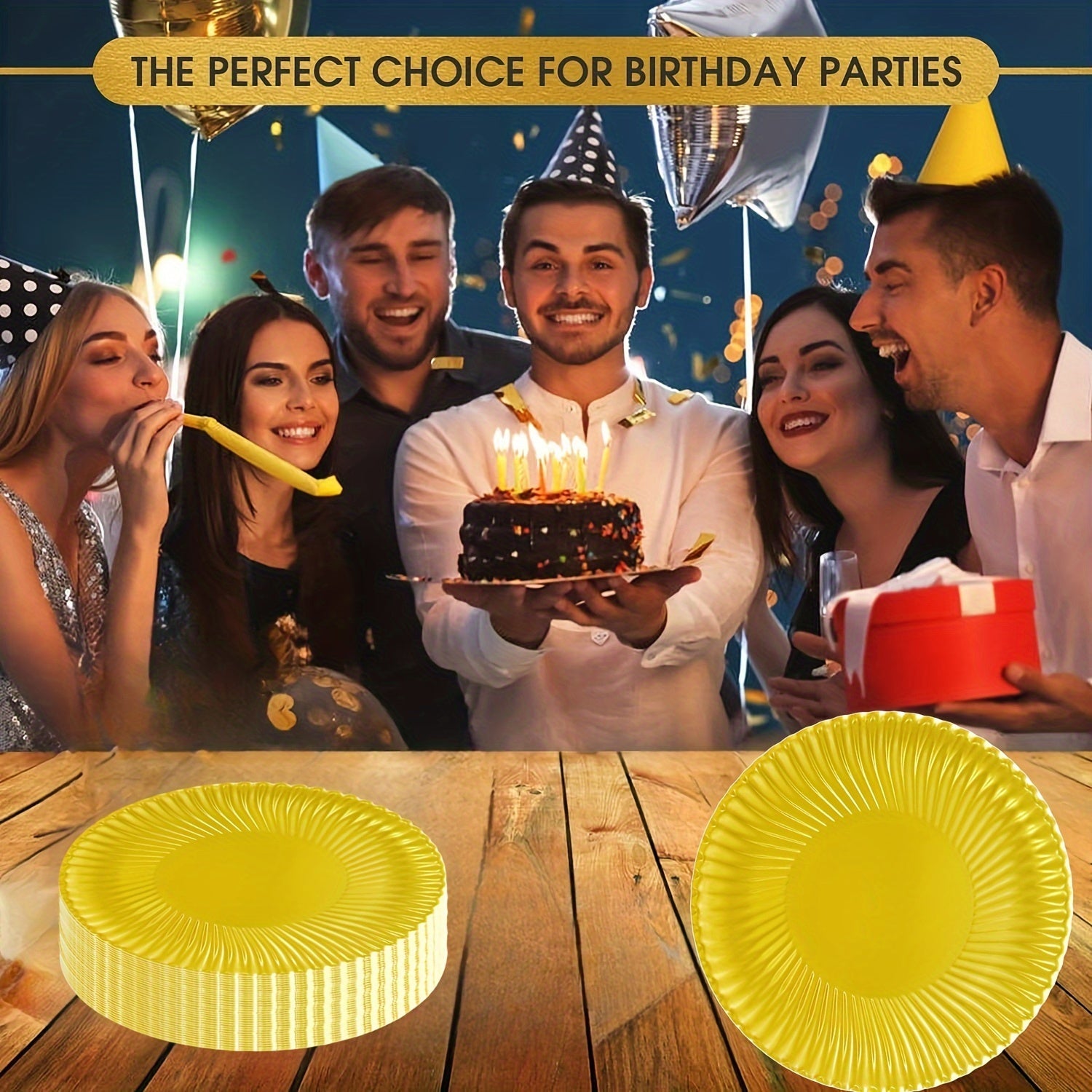 El paquete de suministros para fiestas de oro incluye platos desechables y servilletas para cumpleaños, bodas y feriados