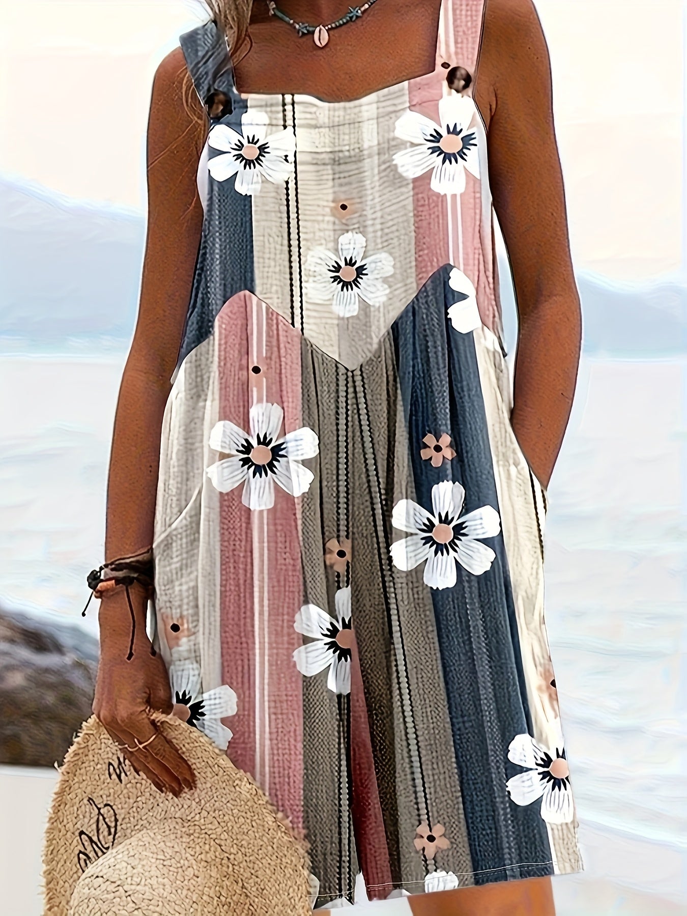 Mono sin mangas con estampado floral para mujer, escote cuadrado, tela elástica, estilo vacaciones