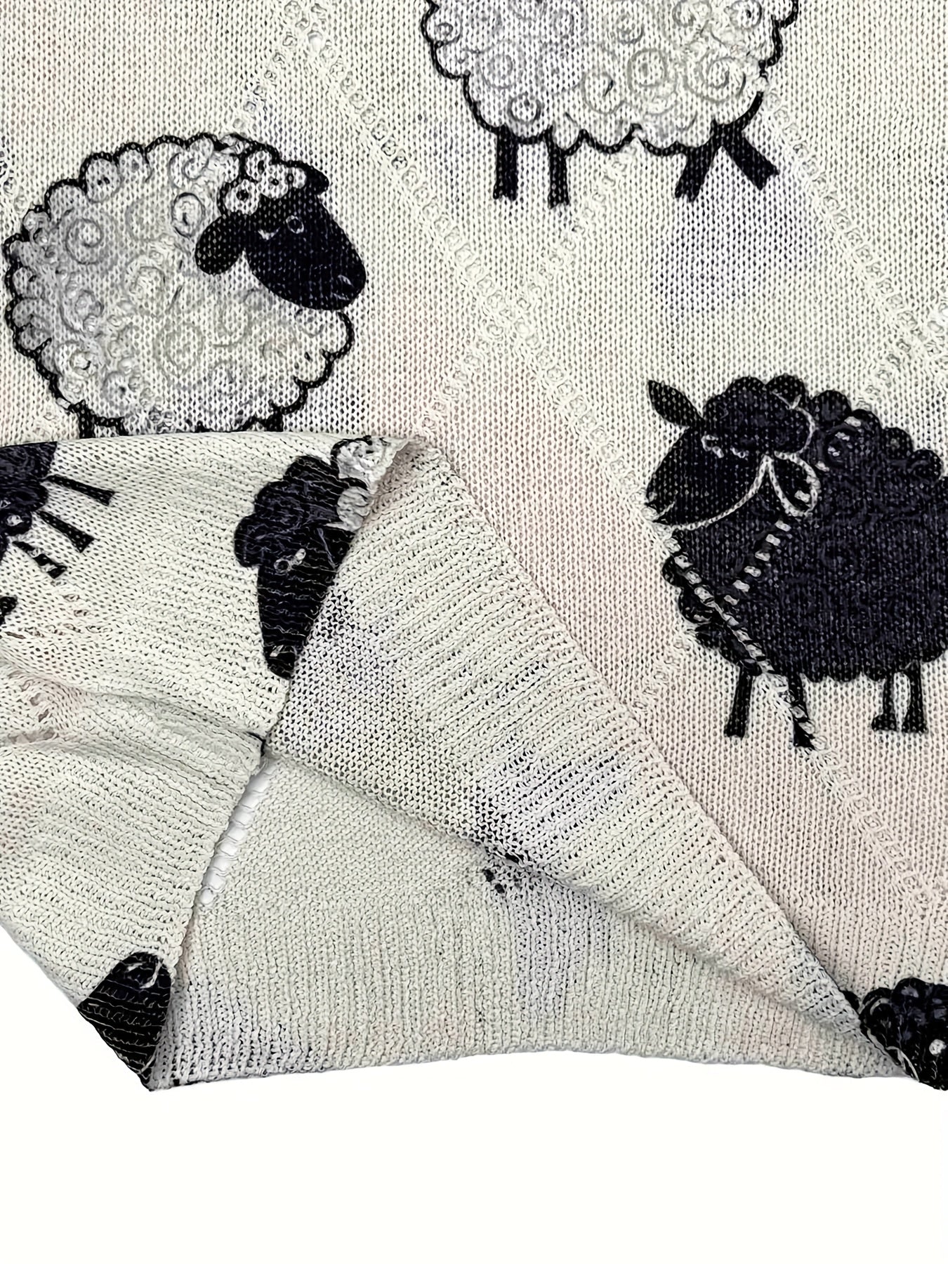 Women's Short Sleeve Sweater with Sheep Print Light Beige Oversized Casual Top