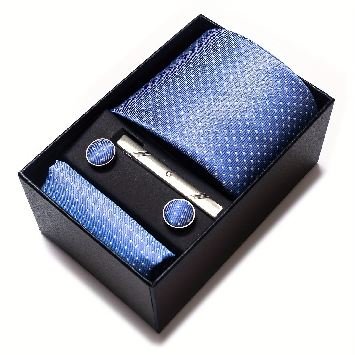 Men's Blue Tie Set with Pocket Square Cufflinks and Tie Clip for Weddings and Occasions