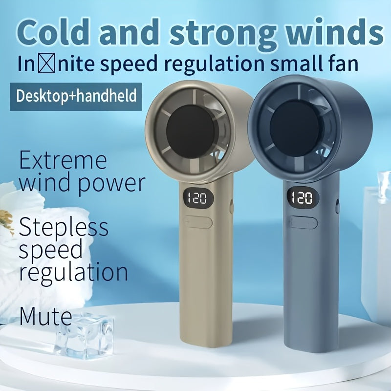 Compact USB Rechargeable Handheld and Desktop Fan with Digital Display High-Speed Turbofan Stepless Speed Beige Blue