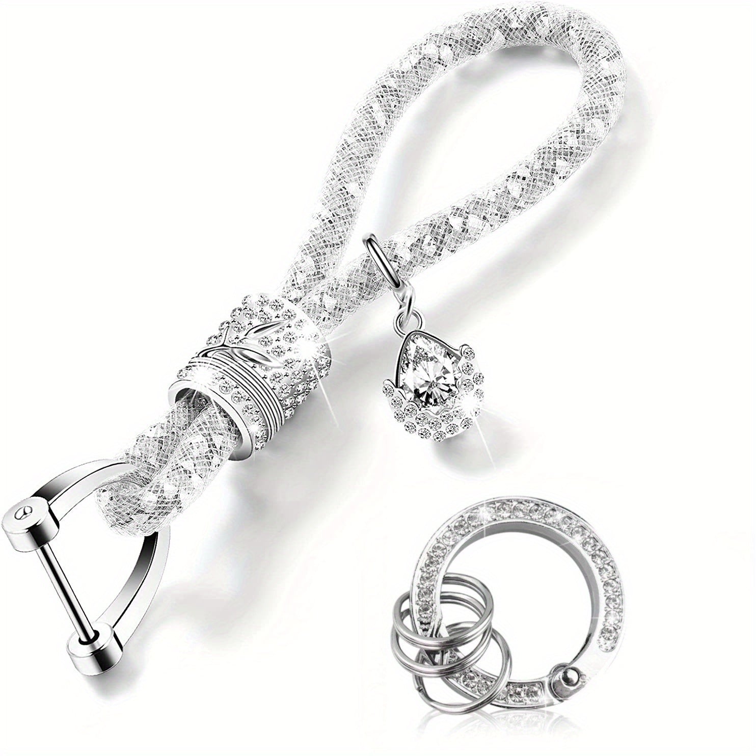 Crystal Bling Car Keychain for Women, Rhinestone Ring and Strap Accessory
