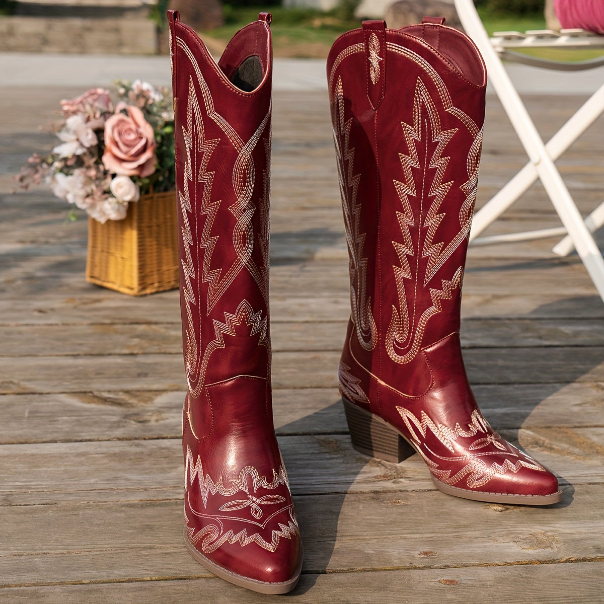 Women's Western Embroidered Faux Leather Cowboy Boots with Chunky Heel