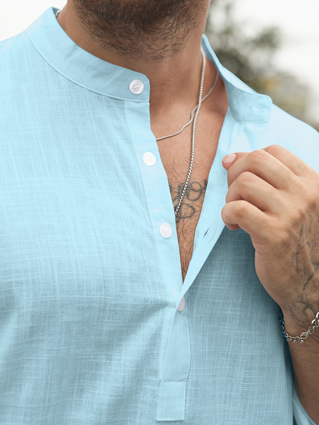 Men's Mint Green Bamboo Cotton Henley Shirt Long Sleeve Casual Summer Relaxed Fit