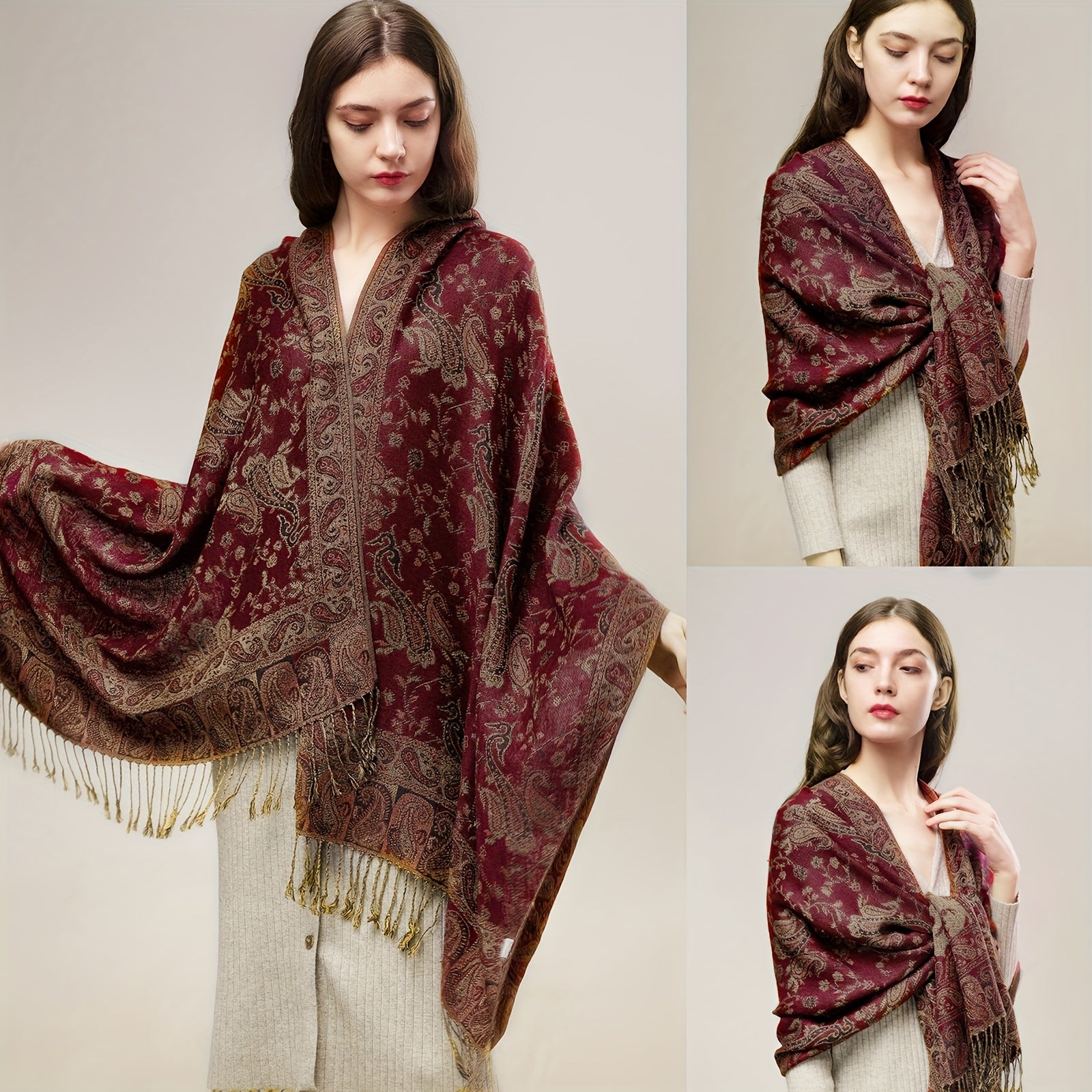 Women's Cashmere-Feel Scarf with Fringed Shawl Wraps Soft Warm and Breathable
