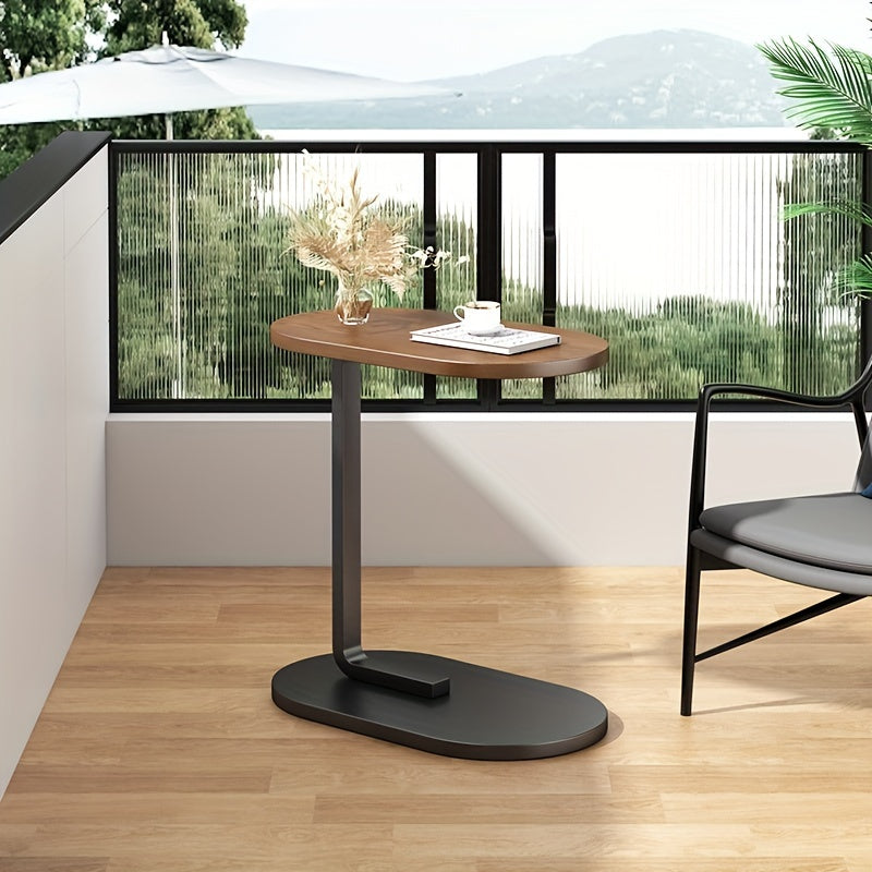 Hardwood Sofa End Table with Metal Base C-Shaped TV Tray for Living Room Bedroom