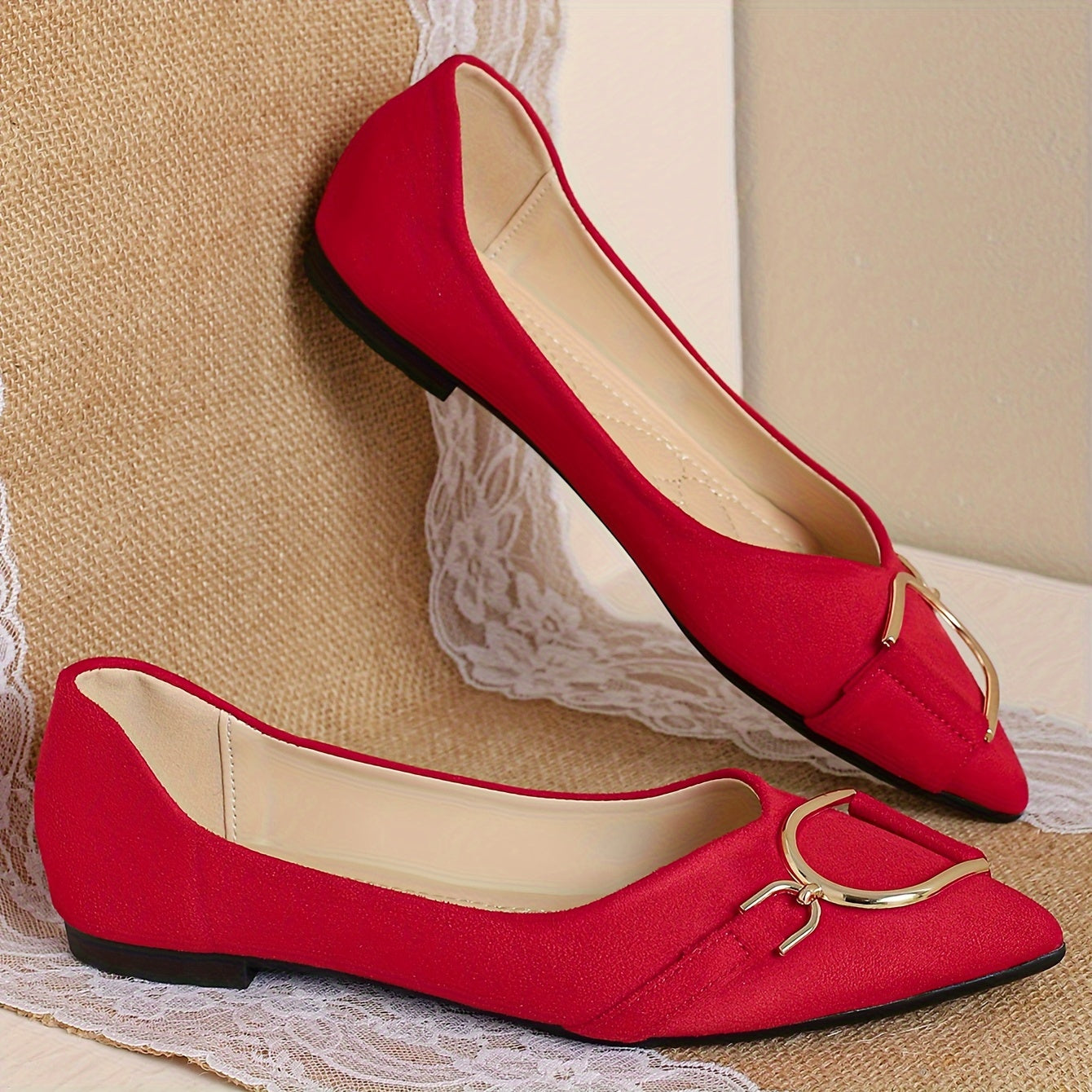 Women's Red Slip-On Flats with Pointed Toe and Buckle