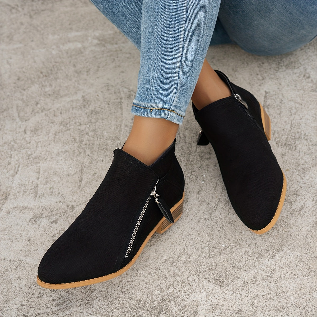 Women's Ankle Boots Solid Color Pointed Toe Mid-Heel Casual Slip-Ons