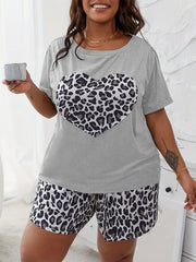 Plus Size Women's Pajama Set with Cartoon Heart and Leopard Print Knit Fabric All Season Grey