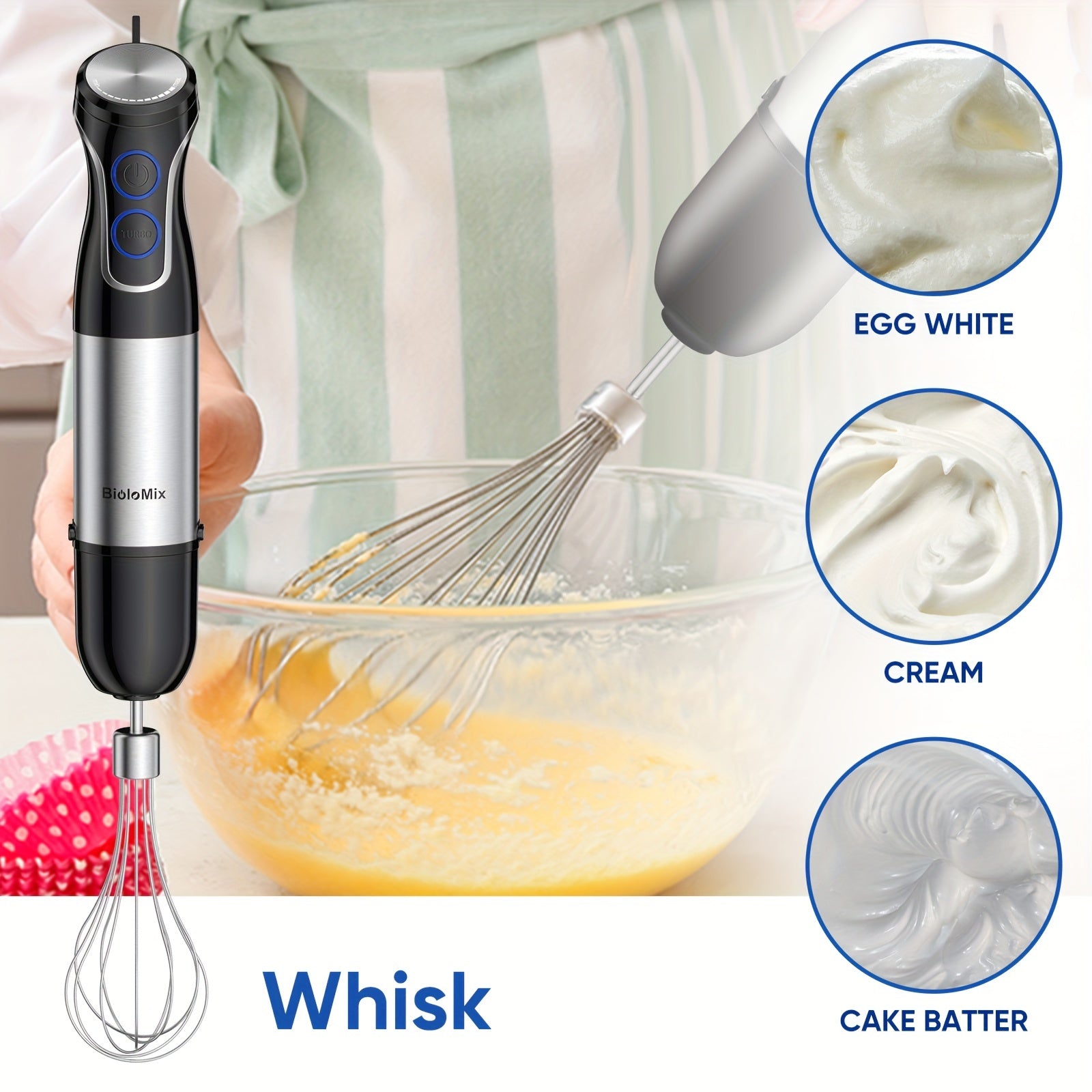 5-in-1 Handheld Immersion Blender 1500W Stainless Steel with Egg Whisk Milk Frother Chopper and Smoothie Cup