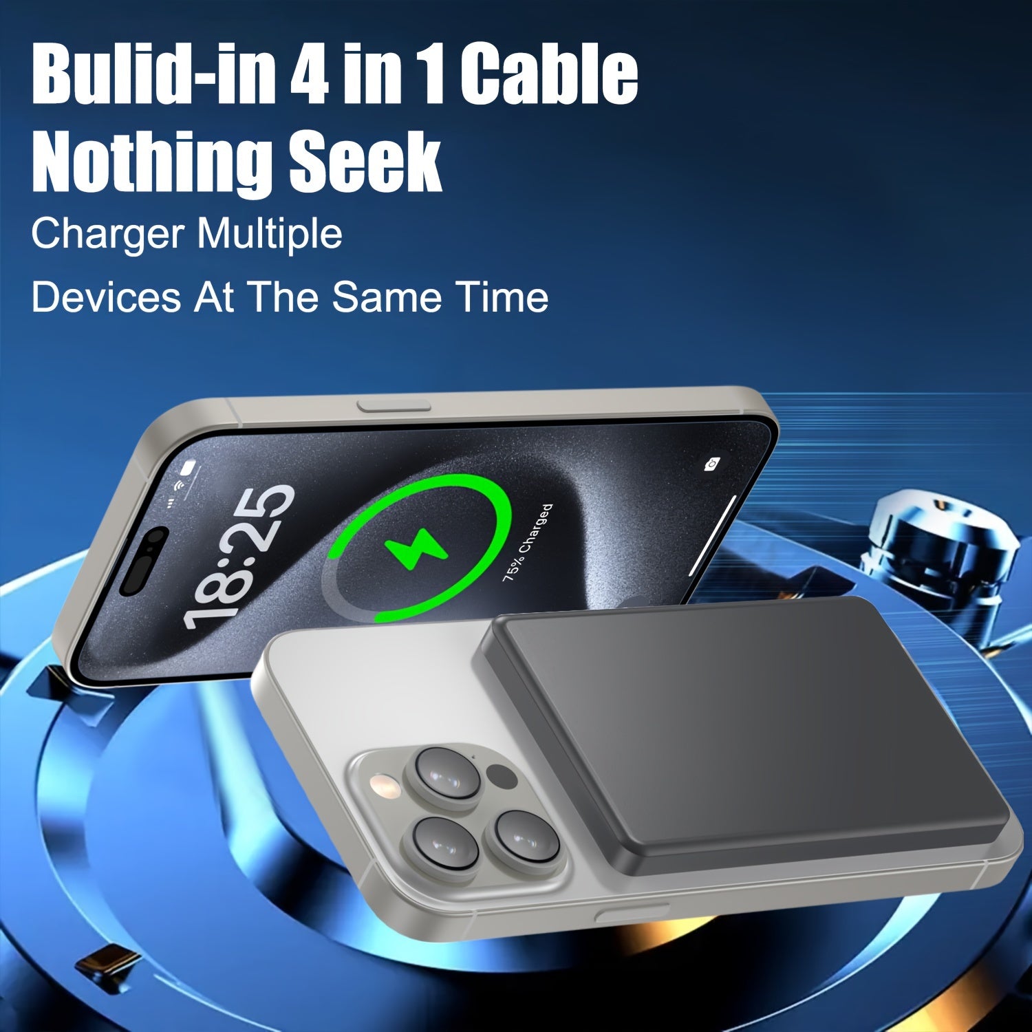 Алюминиевый беспроводной внешний аккумулятор с быстрой зарядкой для iPhone и Android, идеален для путешествий и экстренных ситуаций.