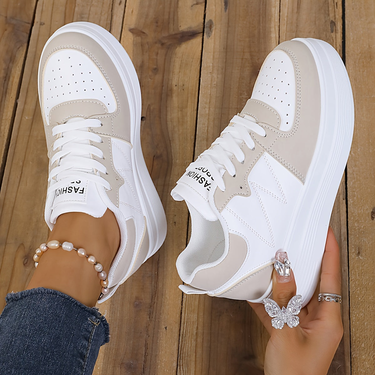 Women's Slip-On Wedge Sneakers with Lace-Up Closure White Beige Breathable Mesh