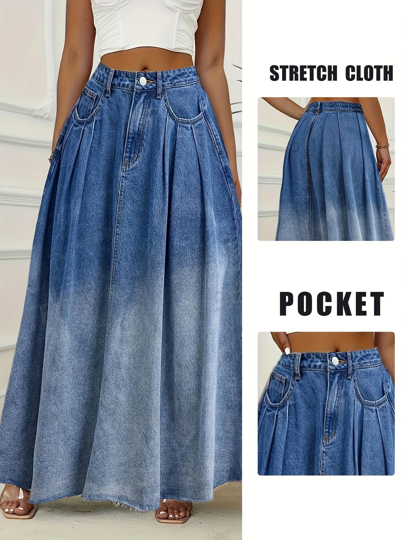 Women’s Blue Denim Maxi Skirt With Pleats And Raw Hem