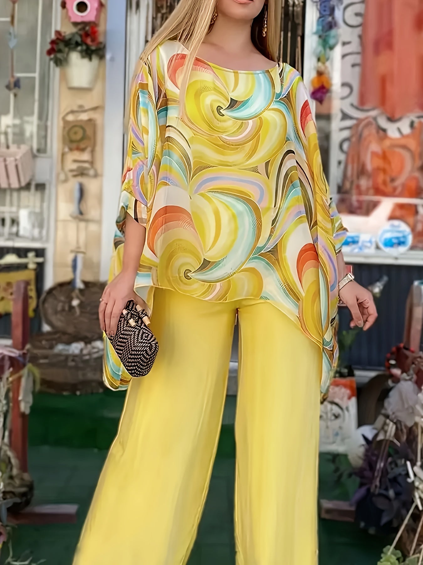 Plus Size Women's Summer T-Shirt Breathable Abstract Print Yellow Casual Top