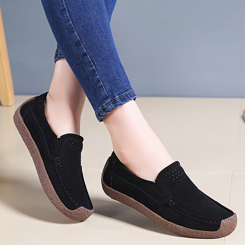 Women's Black Slip-On Loafers Dry Cleanable Flat Shoes Comfort Versatile