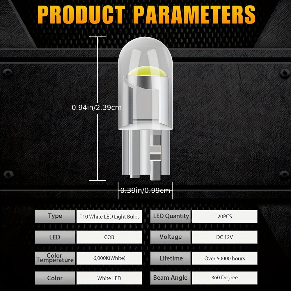 Bombillas LED blancas 20X 194 T10 W5W 6000K para interior, reemplazo de luz