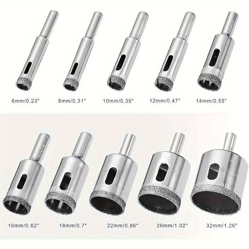 10pcs Diamond-Coated Steel Drill Bits for Tiling, Marble, Glass, Ceramic 6mm-32mm