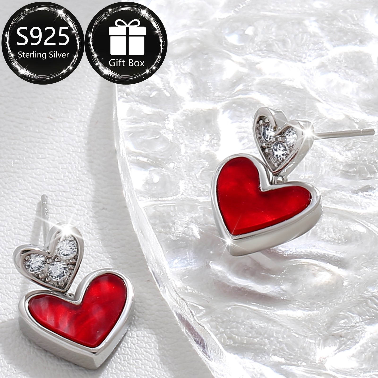 Sterling Silver Heart Earrings with Synthetic Zirconia for Women
