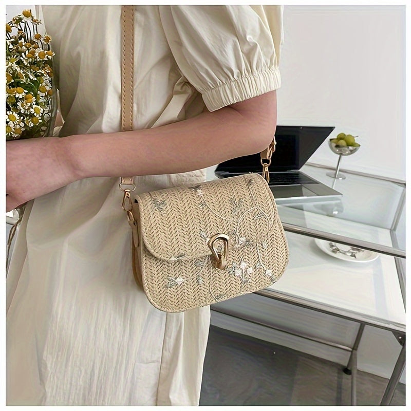 Women's Small Shoulder Bag 2024 Summer Crossbody with Lace and Grass Weaving Beige Khaki