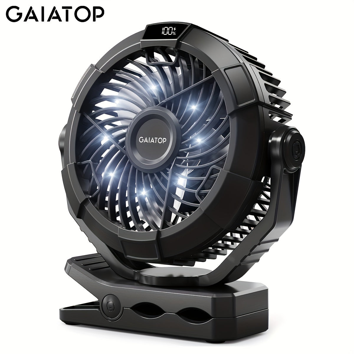 Rechargeable Portable Camping Fan with LED Lights, 360° Rotation, Clip-On