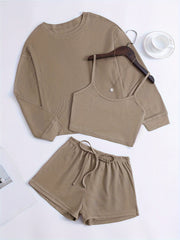Women's Waffle Texture Loungewear Set with Long Sleeve Top Crop Cami and Elastic Shorts