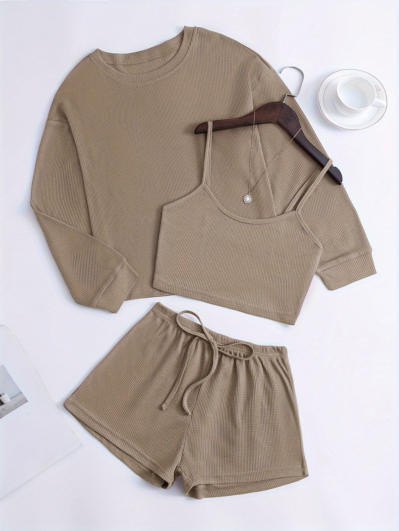 Women's Waffle Texture Loungewear Set with Long Sleeve Top Crop Cami and Elastic Shorts