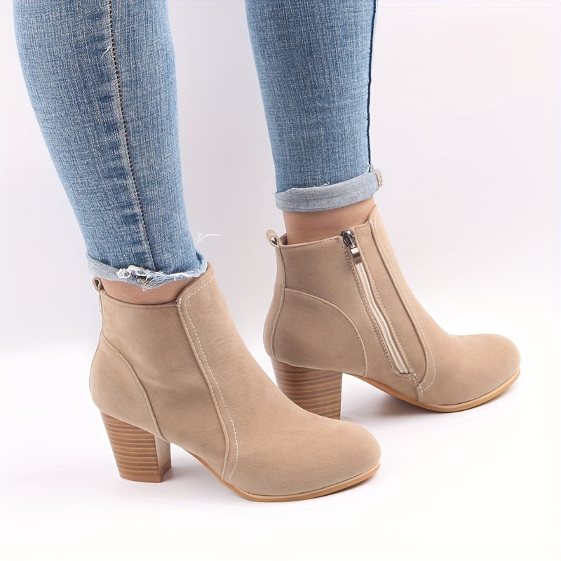 Women's Beige Fabric Ankle Boots With Side Zipper Block Heel Platform