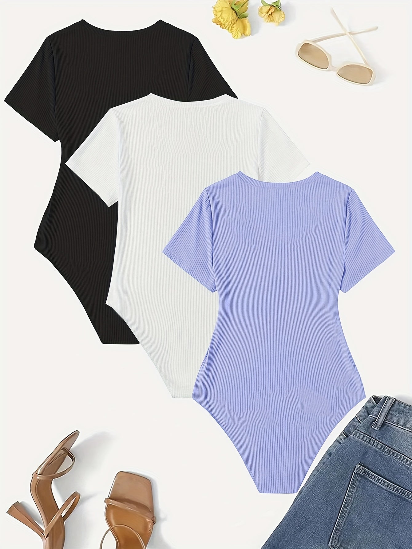 Ayollar uchun kengaytirilgan o'lchamli elastik bodysuitlar, bir rangli, kruj neck, qisqa qo'lli to'plam